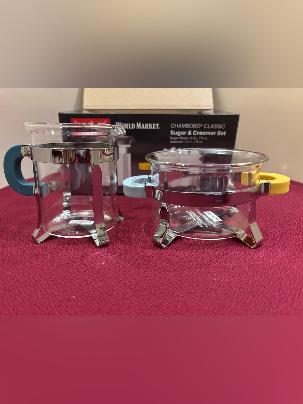BODUM CHAMBORD CLASSIC SUGAR & CREAMER SET WITH YELLOW & BLUE HANDLES New in Box